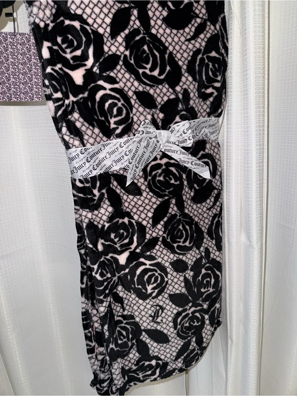 Juicy Couture Black & Light Pink Rose Print Plush Throw Blanket